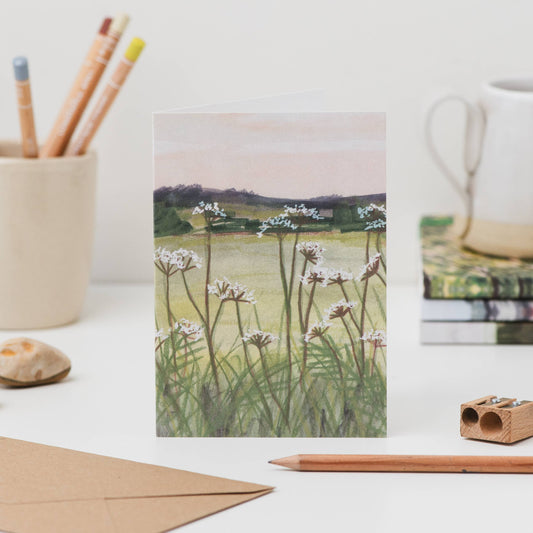 Luxury A6 cow parsley floral greetings card with mixed media illustration, blank inside, printed on 350gsm UK card with recycled Kraft envelope