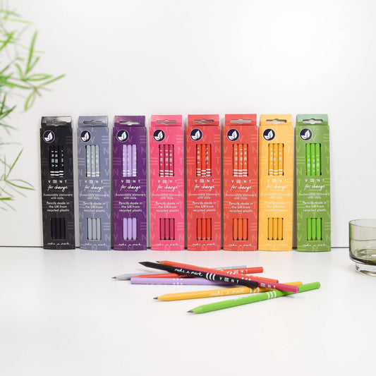 3 recycled pencils with Make a Mark design in sleeve, made from CD cases and fully recyclable - all colours