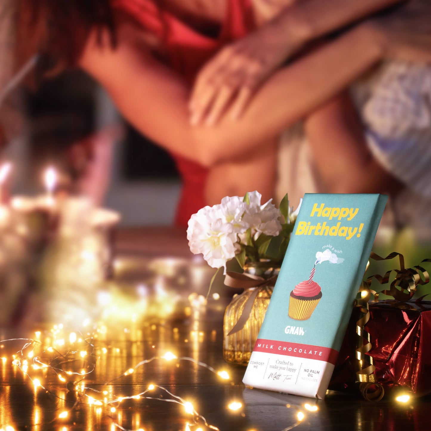 GNAW Happy Birthday Colombian milk chocolate bar in compostable packaging