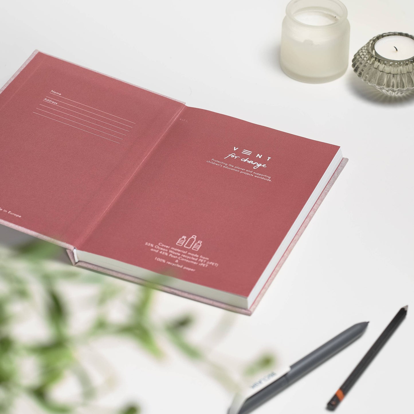 A5 notebook with hardback cover made from recycled ocean plastic and 200 pages of recycled lined paper - Coral Pink