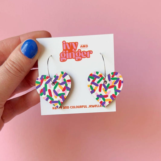 Hand-painted confetti wooden earrings, FSC certified, 30mm drop, colourful design, surgical steel hoops for sensitive ears.