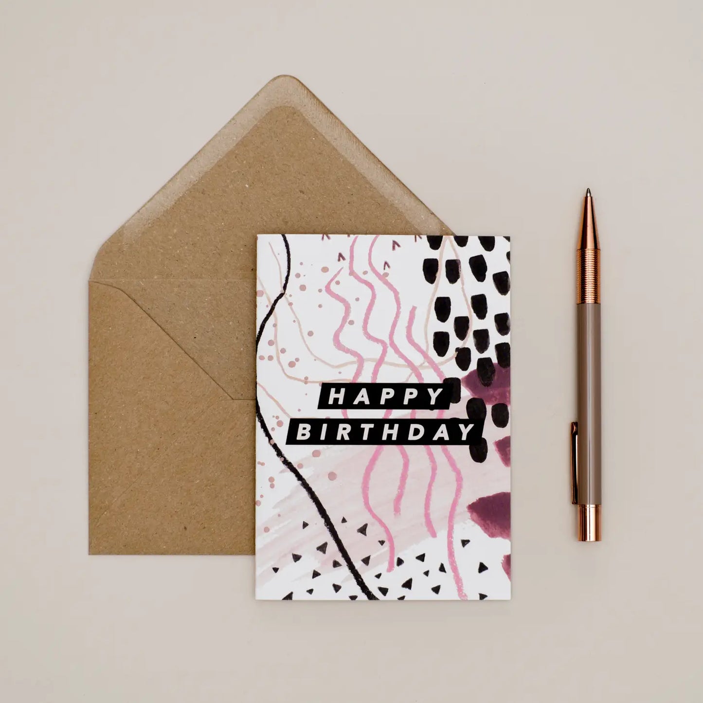 TAN, BLACK + PINK ABSTRACT BIRTHDAY CARD