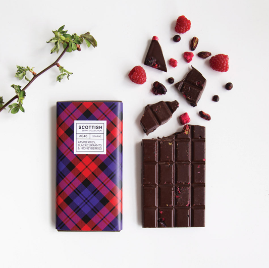 Vegan dark chocolate bar with Scottish honeyberries, raspberries and blackcurrants, handmade in Scotland, 100g