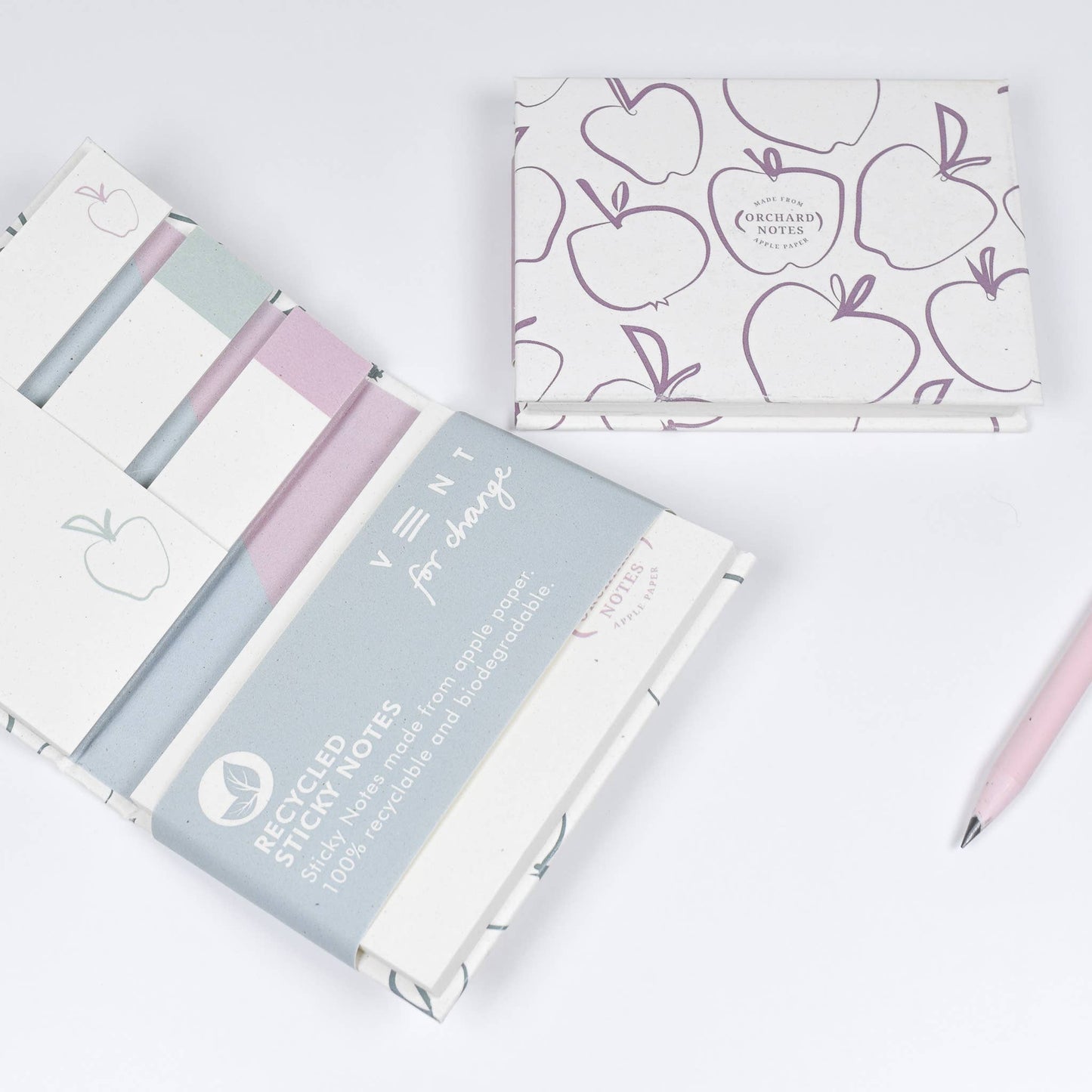 Recycled sticky notes pad in green or pink with Orchard Notes debossed cover and three sizes of biodegradable sticky notes