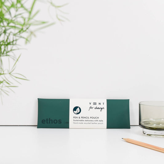 Handmade recycled leather pencil pouch debossed with ETHOS design, in rich green, stylish and sustainable accessory