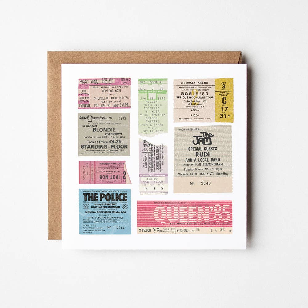 1980s gig ticket card with colourful illustrations of Queen, Blondie, The Police, The Jam, and other classic 80s music legends.