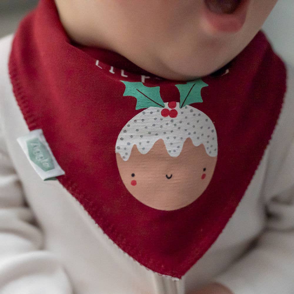 Baby wearing a L'il Pudding red Christmas baby bandana bib