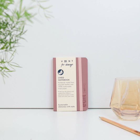 A6 recycled leather pocket notebook with elastic closure in pink