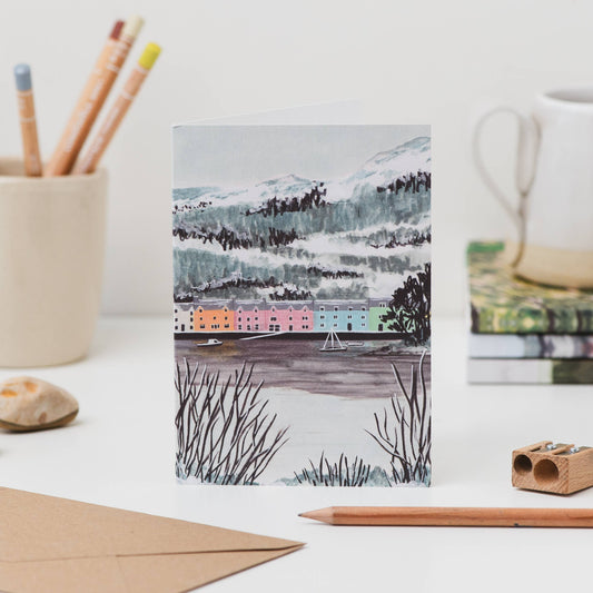 Luxury A6 greetings card featuring colourful houses in Portree on Isle of Skye, blank inside, printed on 350gsm UK card with recycled Kraft envelope
