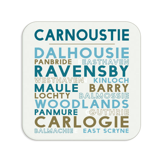 Coaster with Carnoustie and street/area names in a decorative font on a white background