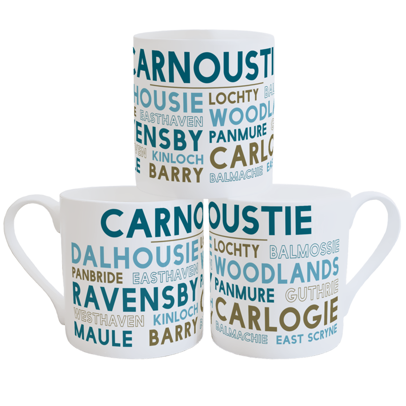 13oz ceramic mugs with Carnoustie place names in various blue fonts