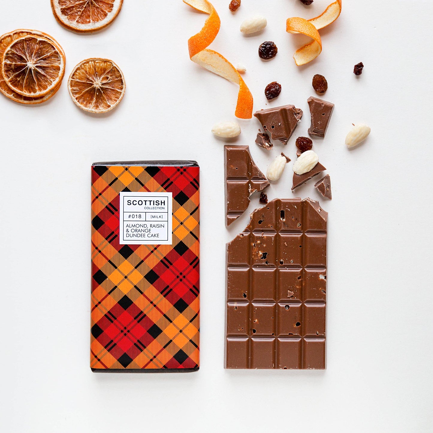 Milk chocolate bar with almonds, raisins, and candied orange, inspired by Dundee cake and marmalade, handmade in Scotland, 100g