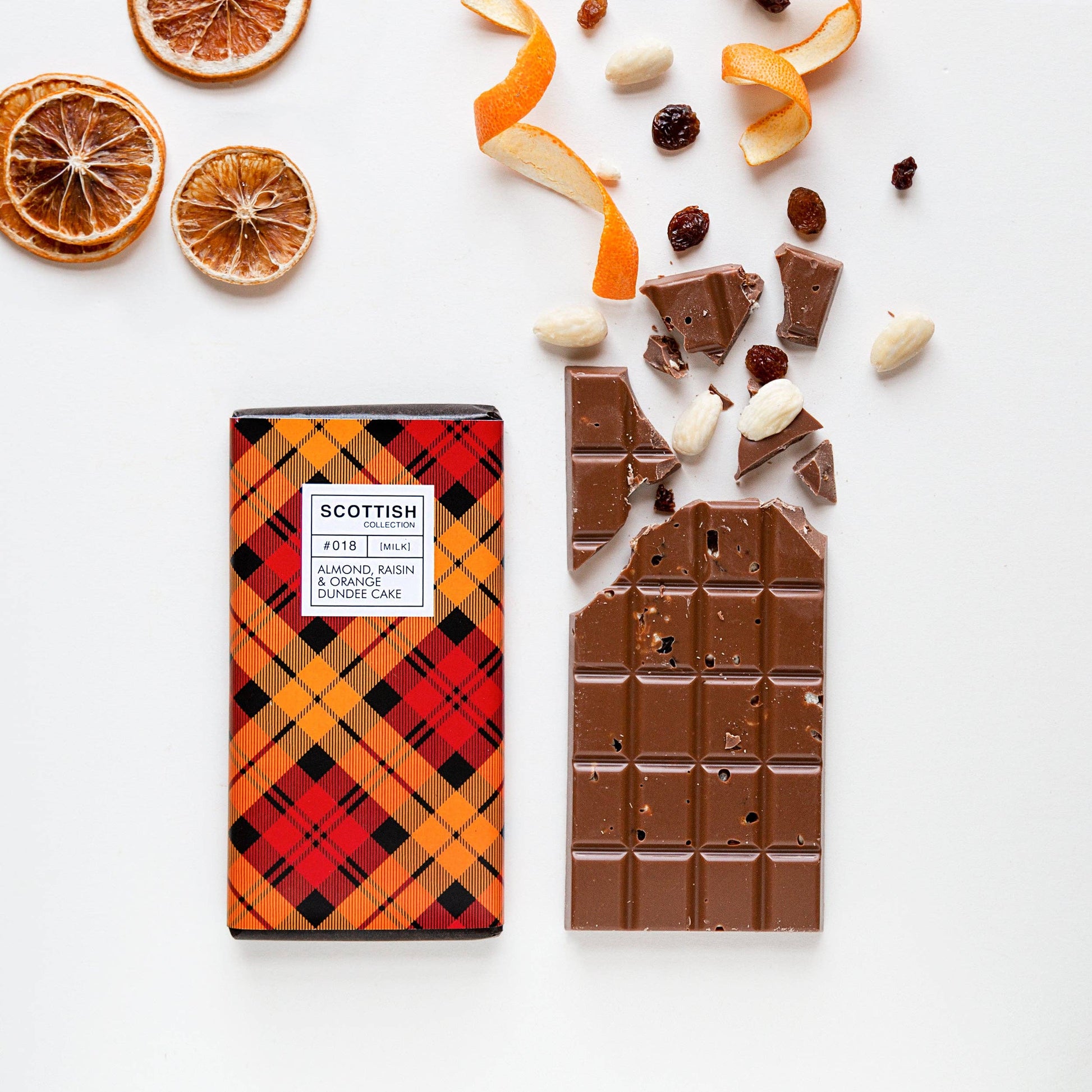 Milk chocolate bar with almonds, raisins, and candied orange, inspired by Dundee cake and marmalade, handmade in Scotland, 100g