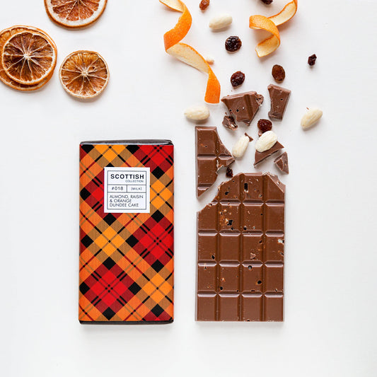 Milk chocolate bar with almonds, raisins, and candied orange, inspired by Dundee cake and marmalade, handmade in Scotland, 100g