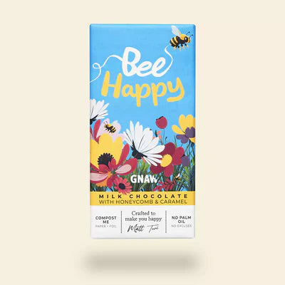 Chocolate bar packaging with floral design and 'Bee Happy' text.