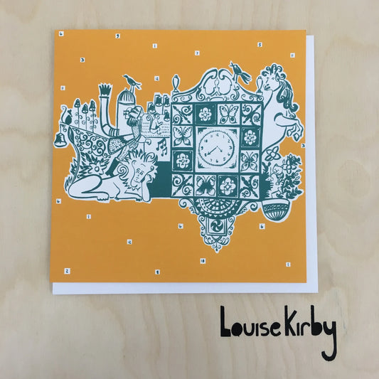 Illustrated square greetings card of Dundee's Wellgate Clock by Louise Kirby - Yellow