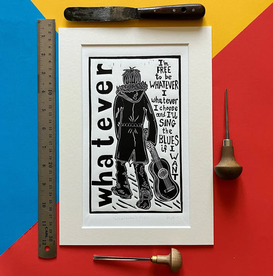 An original black and white linocut print featuring lyrics and imagery inspired by the Oasis song 'Whatever', mounted on antique white card.