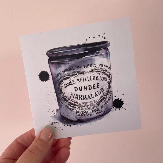 Blank greeting card with illustrated Dundee marmalade James Keiller ceramic pot, 12cm x 12cm, envelope included