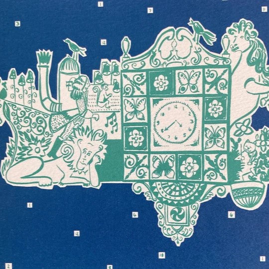 Illustrated square greetings card of Dundee's Wellgate Clock by Louise Kirby - Blue