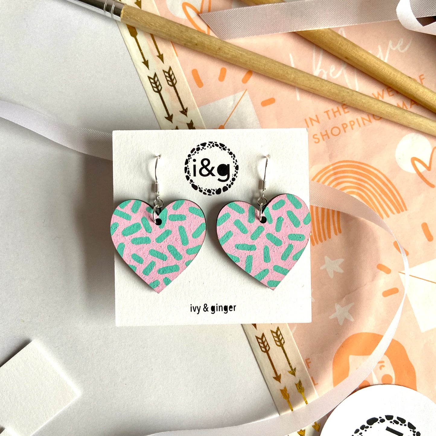 PINK + MINT DASH DROP HEART EARRINGS