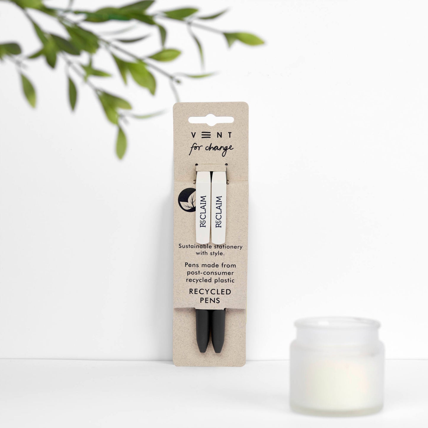 2 black ink pens with black barrels in a pearl RECLAIM sleeve, made from recycled plastic