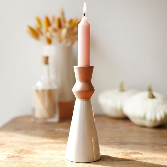 WHITE AND TERRACOTTA CANDLESTICK HOLDER