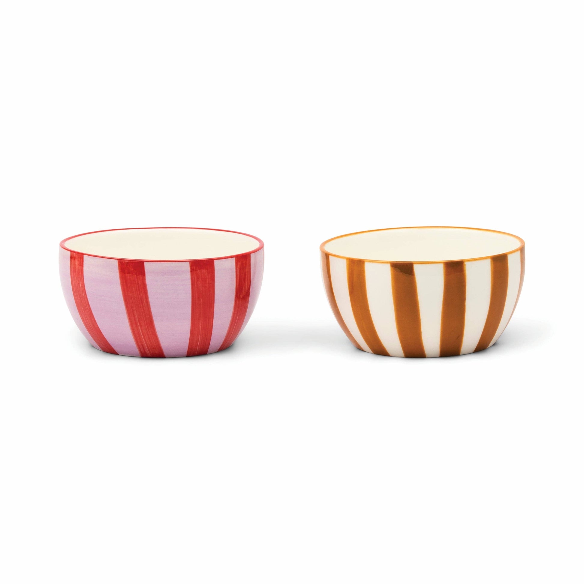Small ceramic dipping bowls by 'here's how' in sleek, modern Ochre + Rust striped colour combinations 
