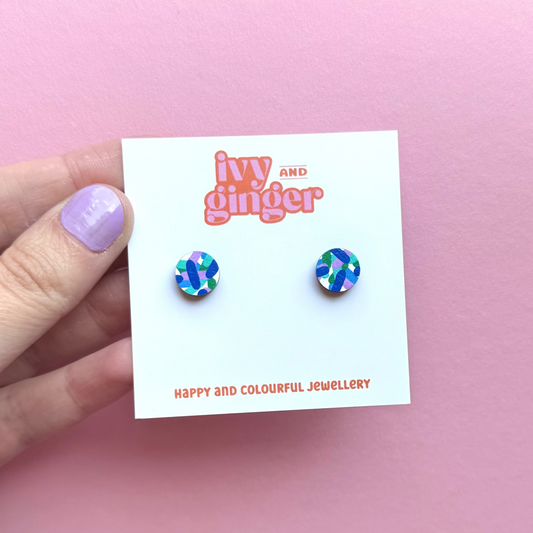 Hand painted confetti circle wooden stud earrings, FSC wood, 10mm, surgical steel posts, colourful, lightweight, gift-ready.