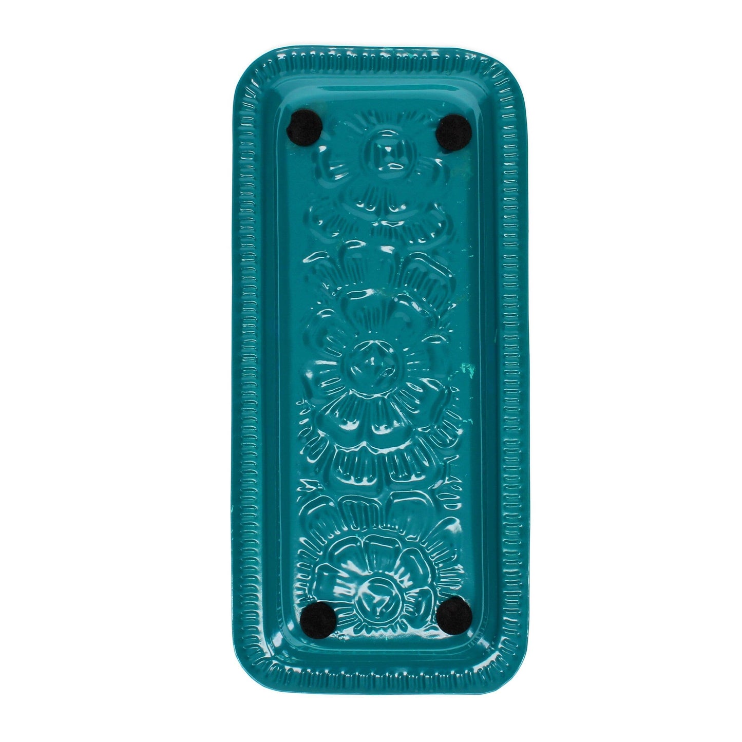 Rectangular teal blue enamel cast metal tray with floral centre and line border, foam pads on base