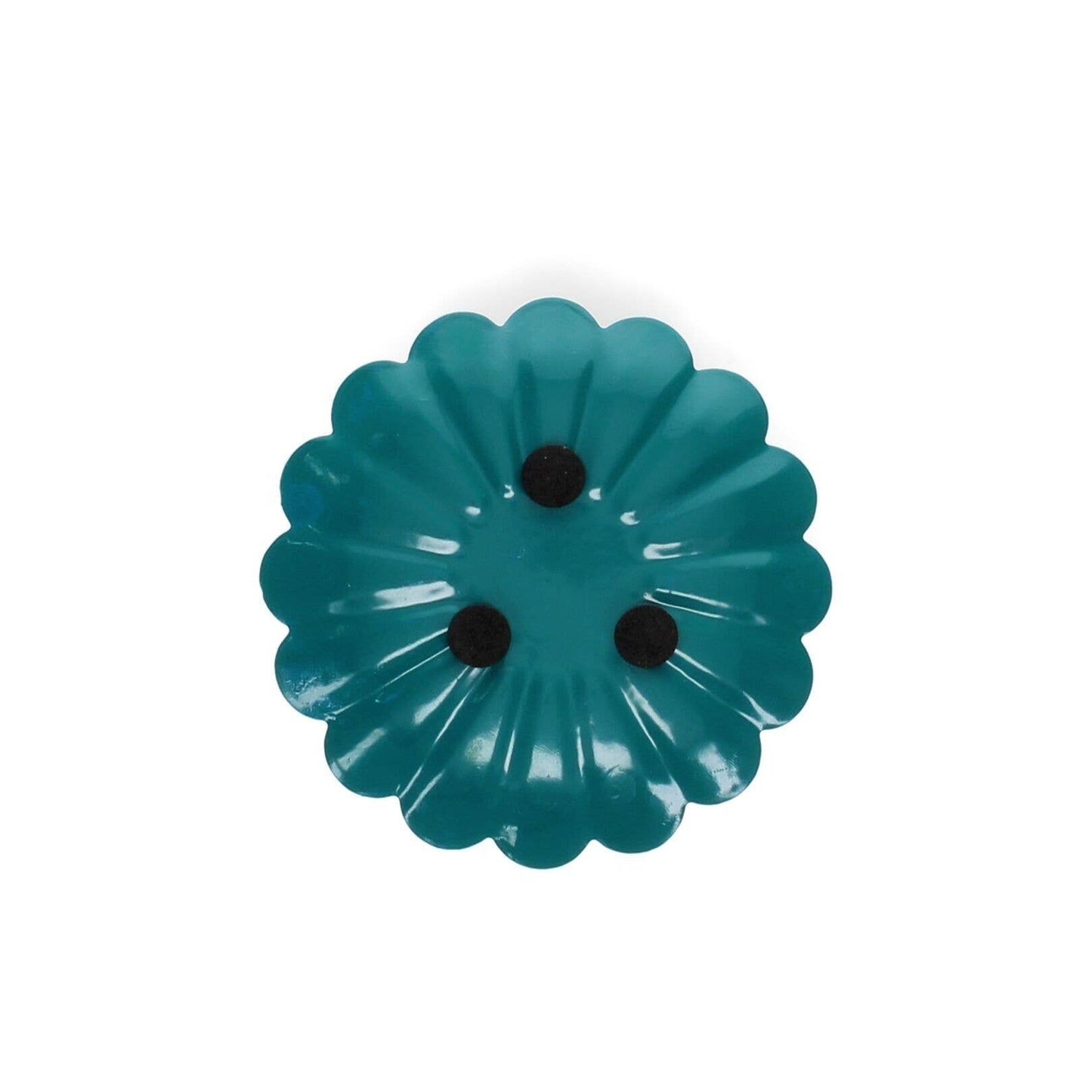 Teal Blue enamel cast metal candle holder with flat flower-shaped pan and foam-padded base