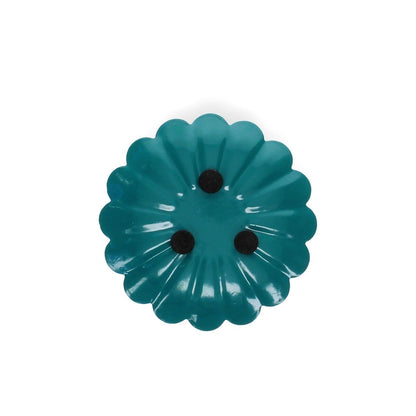Teal Blue enamel cast metal candle holder with flat flower-shaped pan and foam-padded base