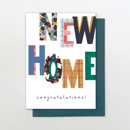 New Home card with colourful patterned lettering and teal envelope, foiled and embossed