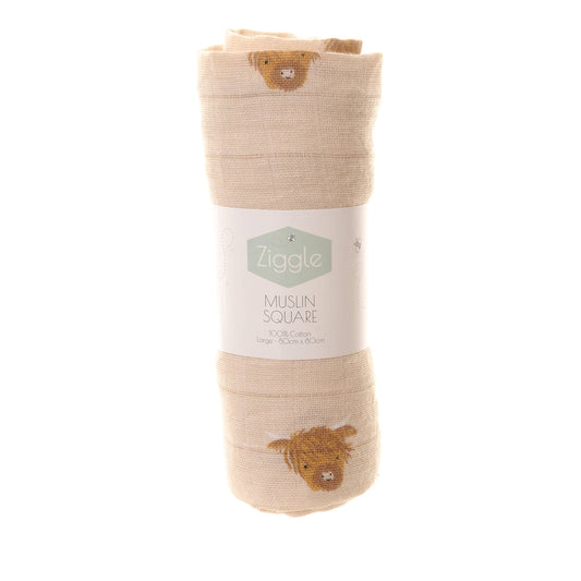 Highland Cow print cotton muslin cloth, soft and absorbent baby essential