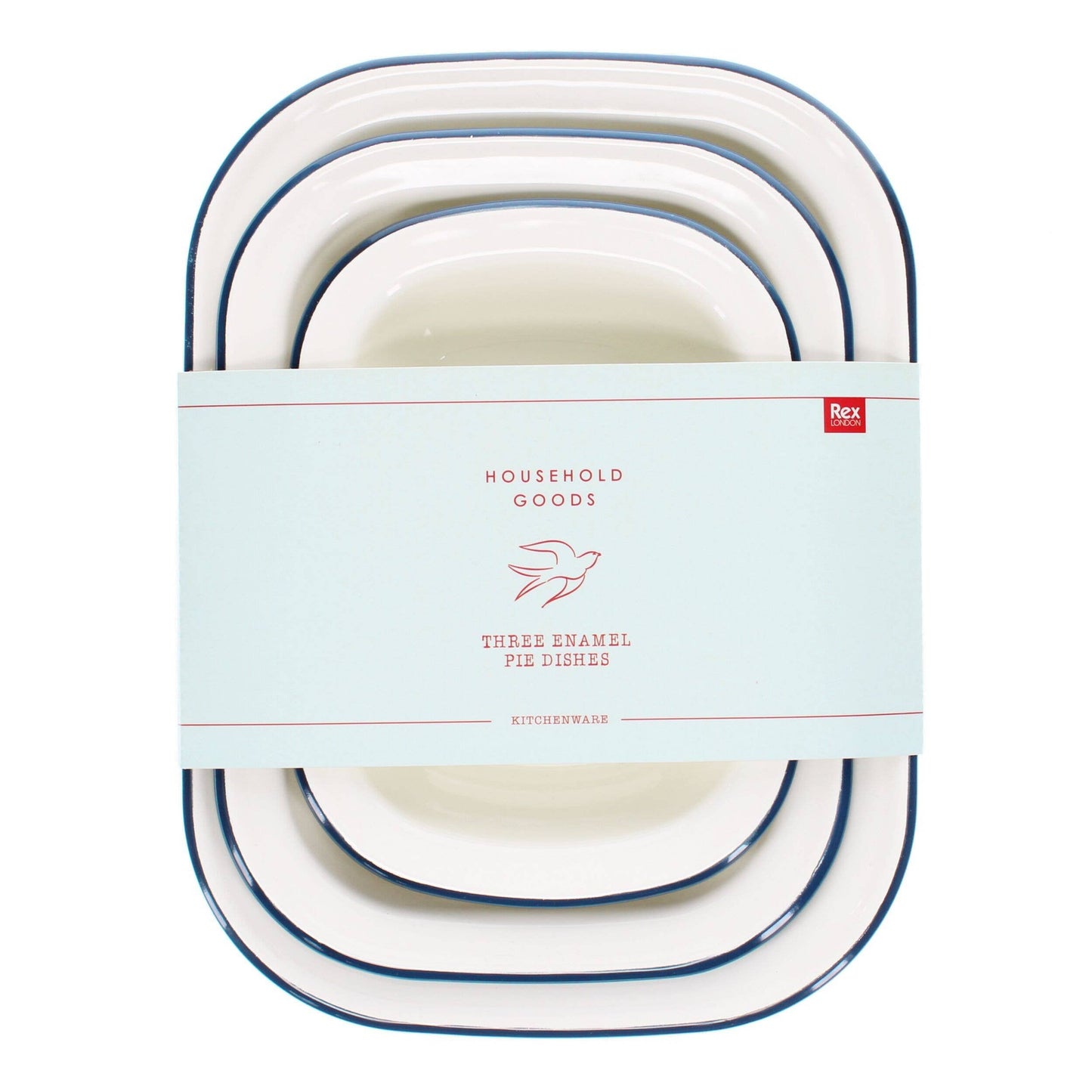 Set of three white enamel pie dishes with blue rim in assorted sizes