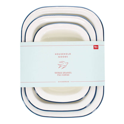 Set of three white enamel pie dishes with blue rim in assorted sizes