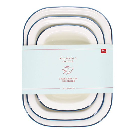 Set of three white enamel pie dishes with blue rim in assorted sizes