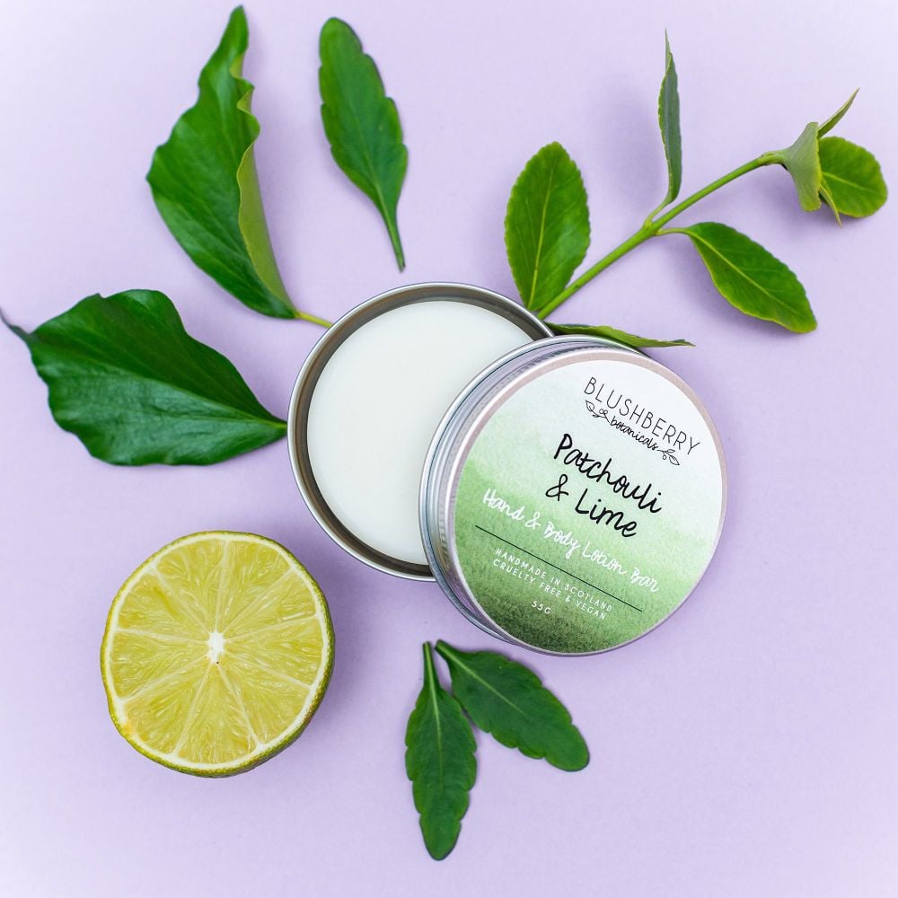 Patchouli and lime hand & body lotion bar in aluminium tin, 55g