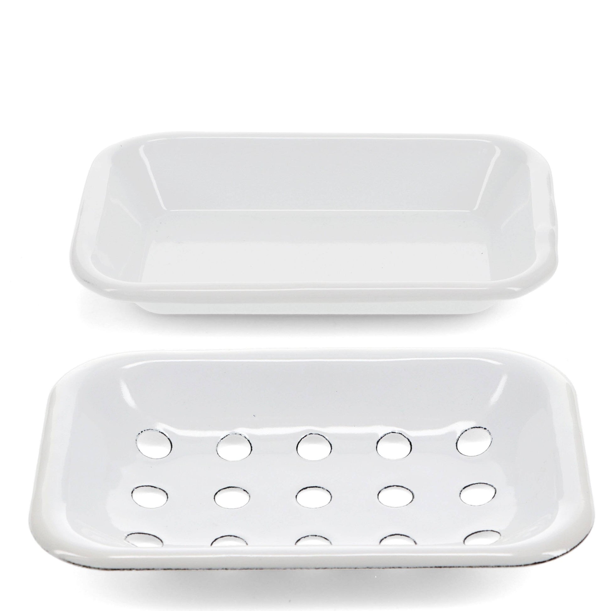 White retro enamel soap dish with black distressed edges, drainage holes and drip tray