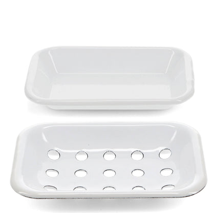 White retro enamel soap dish with black distressed edges, drainage holes and drip tray