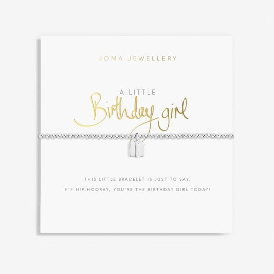 Silver-plated stretch beaded bracelet with present shaped present. Presented on a card saying BIRTHDAY GIRL.