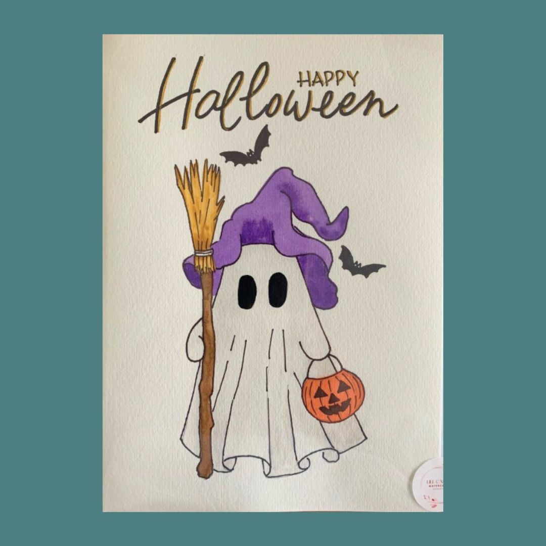 Hand-painted A5 Happy Halloween card by Lill Casas with watercolour and ink Witch Ghost Pumpkin Bat details.
