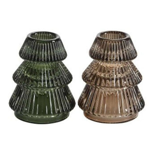 Glass ribbed Christmas tree-shaped candlestick holder in green or gold, 7.5cm decorative festive candle holder.