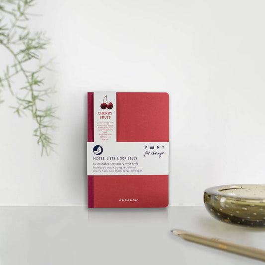 A6 notebook with SUCSEED cover, made from cherry fruit waste and recycled paper, with lined, plain and numbered page