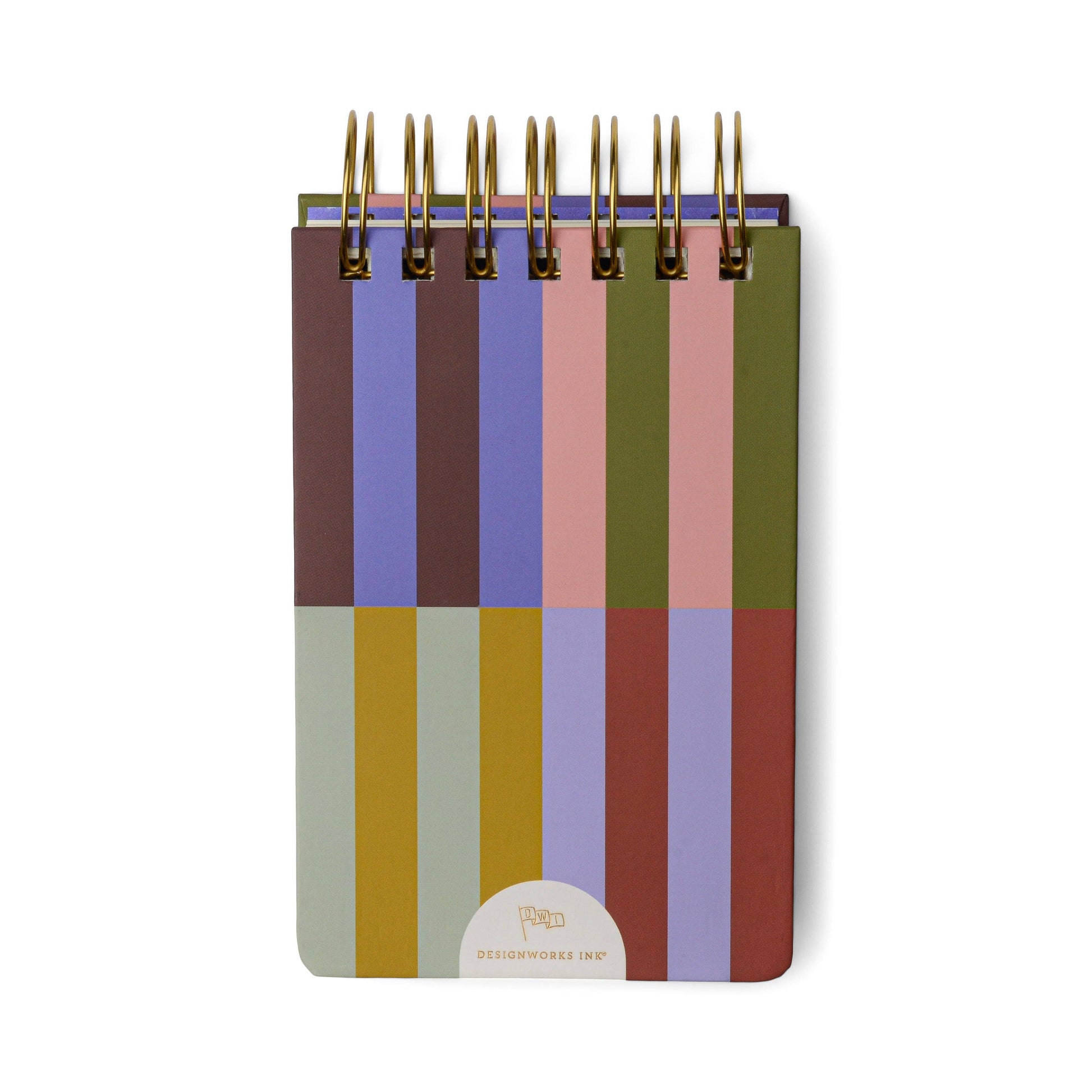 A thick, small pocket notepad with a colouful stripe patterned hard cover, featuring 192 lined sheets inside.