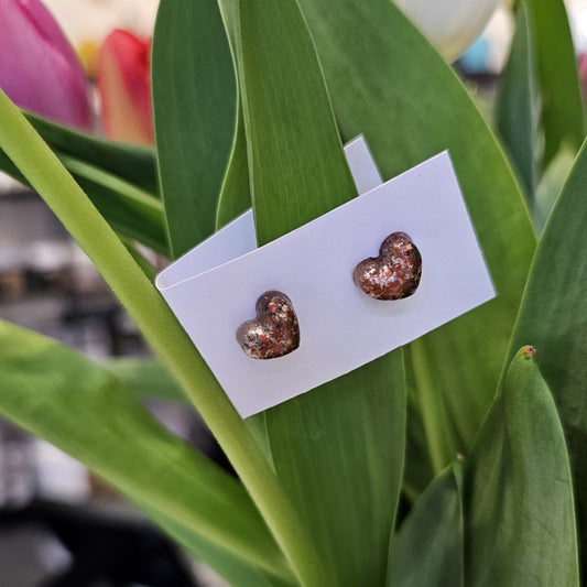BRONZE SPECKLED PUFF HEART STUDS