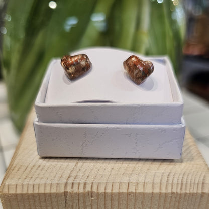 BRONZE SPECKLED PUFF HEART STUDS