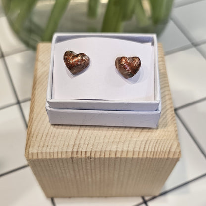 BRONZE SPECKLED PUFF HEART STUDS