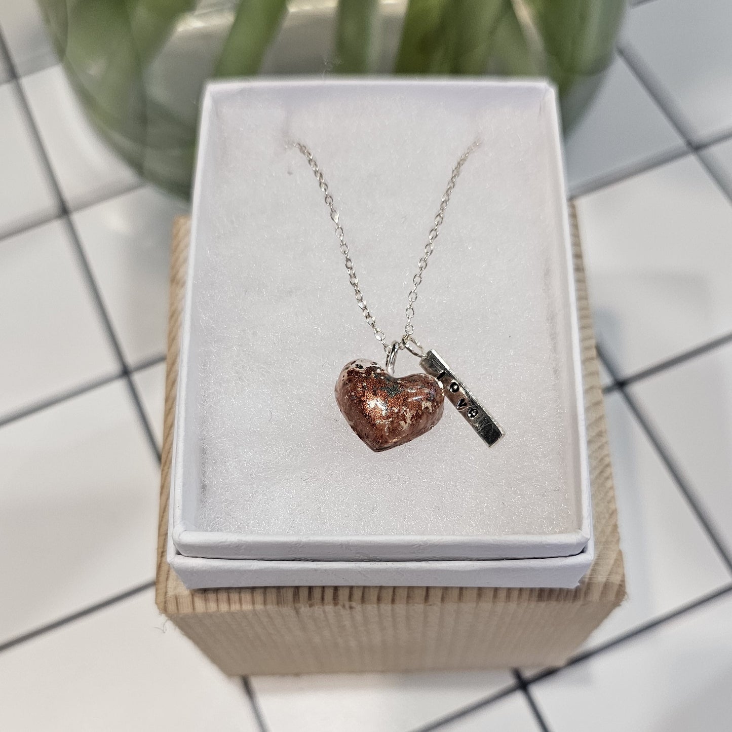 BRONZE SPECKLE PUFF HEART TAG NECKLACE