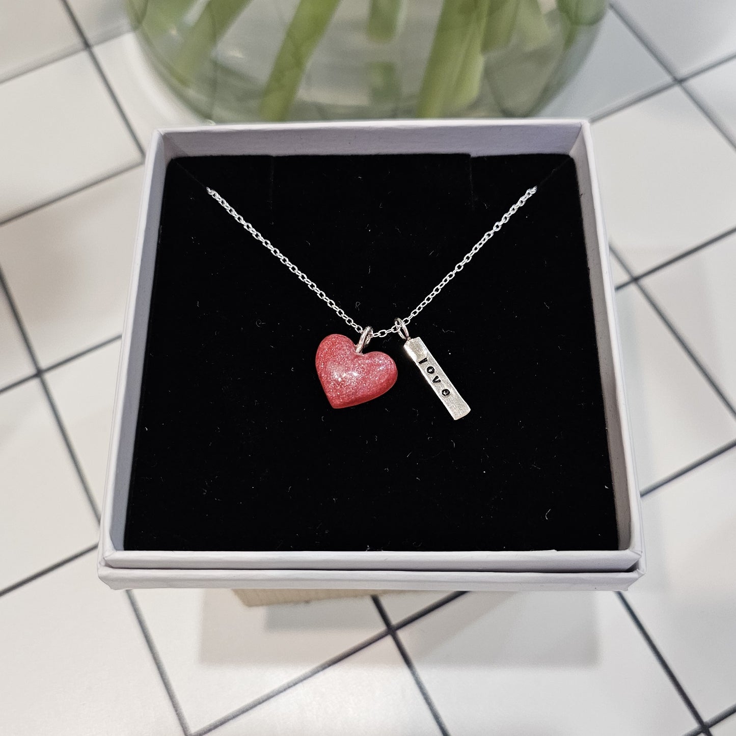 CANDY PINK PUFF RESIN HEART TAG NECKLACE