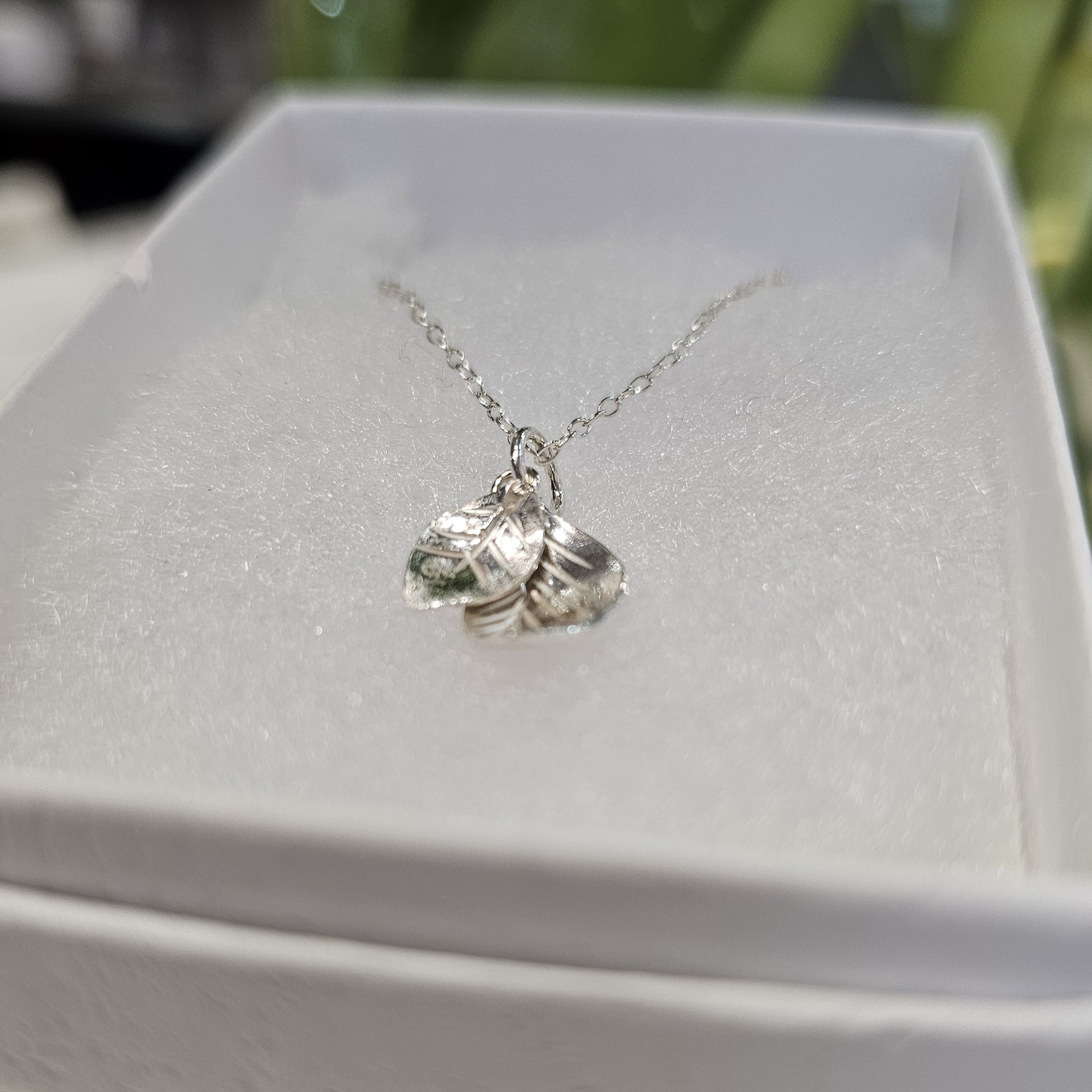 Sterling silver double leaf pendant necklace handmade in Perthshire by Diana King Jewellery